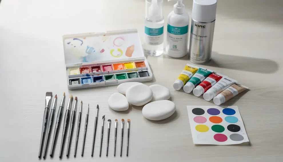 Materials Watercolors An organized workspace displays various supplies for painting air dry clay, including high-quality watercolor paints, soft brushes for intricate designs, and water-based sealers like spray varnish. This setup is ideal for crafters looking to create durable and colorful clay crafts, ensuring the finished pieces have a professional look.