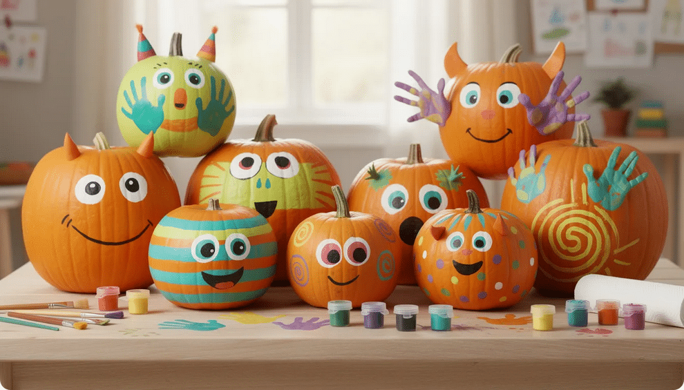 The image features a collection of creatively painted pumpkins, showcasing various no-carve designs perfect for kids. Each pumpkin displays playful patterns, including simple faces with big eyes and smiley mouths, vibrant colors, and fun shapes like spirals and polka dots, making them ideal for Halloween decorations.