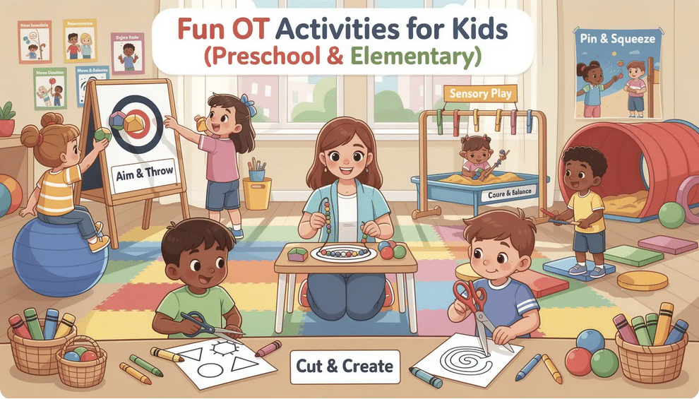OT Preschool The image showcases a variety of fun occupational therapy activities designed for preschool and elementary kids, featuring colorful sensory bins filled with small objects, pipe cleaners, and beads to enhance fine motor skills and hand-eye coordination. Children are seen engaged in playful tasks like creating crafts and navigating an obstacle course, promoting social skills and body awareness through interactive play.