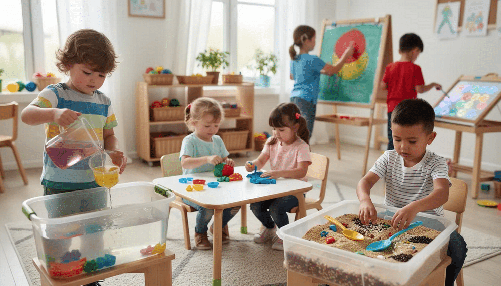 OT Sensory The image showcases a variety of sensory activities designed for children, featuring colorful sensory bins filled with small objects like beads and pipe cleaners. These engaging tools promote fine motor skills, hand-eye coordination, and body awareness, making them a fantastic way for kids to improve their motor skills while having fun.