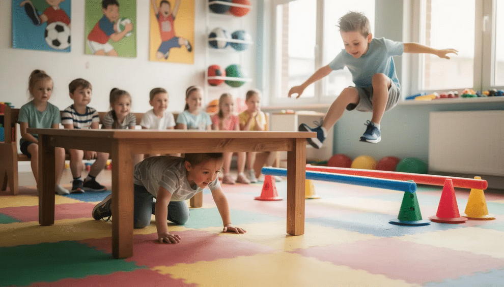 In a vibrant kindergarten classroom, many children navigate an indoor obstacle course, crawling under a table and jumping over a colorful pool noodle, showcasing their physical skills and enthusiasm for play. This engaging activity encourages young learners to have fun while developing coordination and teamwork.