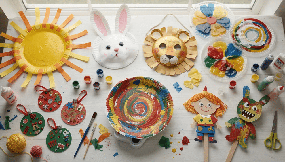 The image showcases a variety of fun paper plate craft ideas for kids, including a bright yellow sun with rays made from yarn, colorful animal masks adorned with googly eyes, and vibrant flower suncatchers created with tissue paper. These simple crafts encourage creativity and fine motor skills, providing endless possibilities for little ones to explore and enjoy.