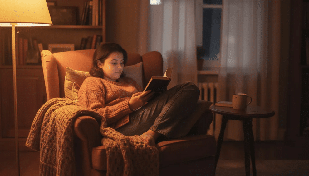 A person is comfortably seated in a cozy chair, immersed in reading a book under warm lighting, creating a serene atmosphere that invites exploration of story worlds and character development. The scene evokes a sense of peace, highlighting the joy of reading and the importance of narrative in understanding life and fiction.