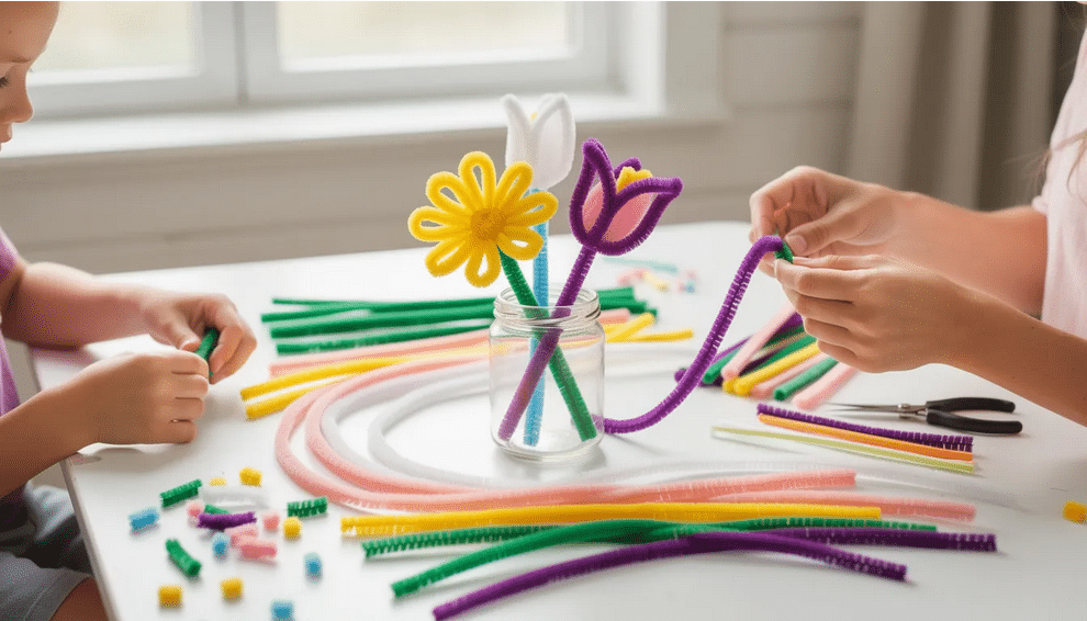 The image showcases a vibrant assortment of pipe cleaner flowers, featuring colorful creations like pink tulips and cheerful yellow daisies, all crafted from flexible pipe cleaners. This delightful display highlights the fun and creativity of DIY projects, perfect for kids and easy crafts.