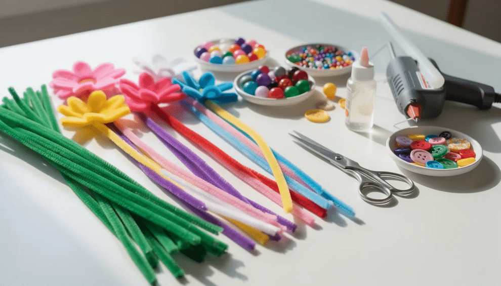 The image showcases a collection of colorful pipe cleaner supplies, including green pipe cleaners for stems and various vibrant colors like yellow, pink, and purple for petals, perfect for creating DIY pipe cleaner flowers. Scissors, craft glue, and optional embellishments like beads are also visible, emphasizing the fun and creative process of making easy crafts and pipe cleaner crafts for kids.