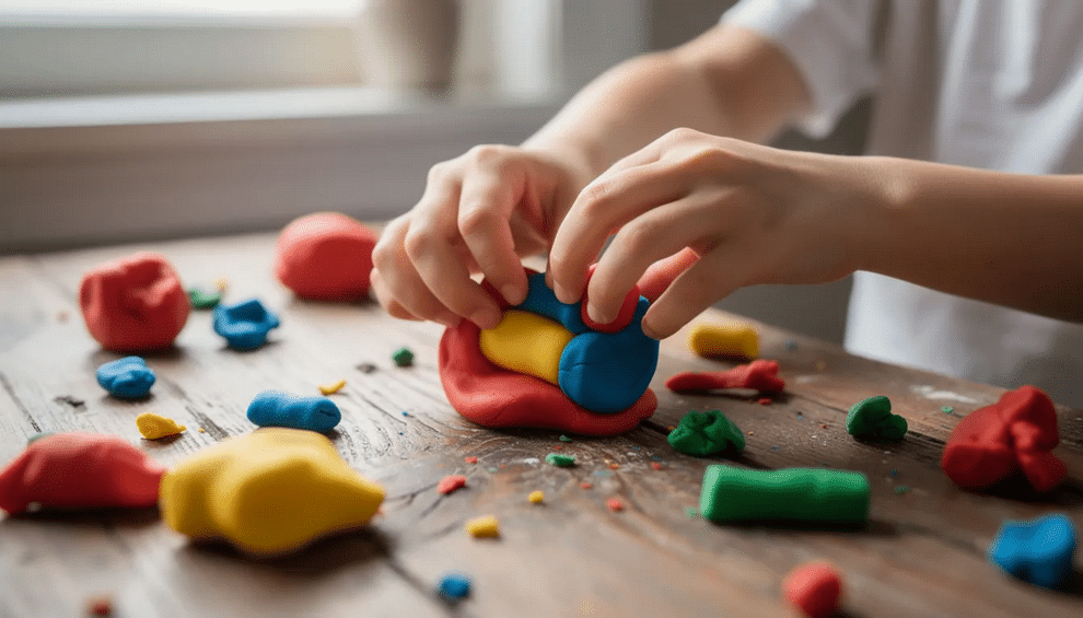 Playdough A child's hands are skillfully manipulating colorful playdough on a wooden table, enhancing their fine motor skills and hand-eye coordination. This engaging activity provides sensory feedback and supports fine motor development while allowing for creative expression.