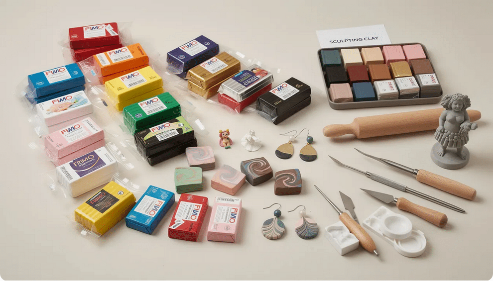 The image showcases a vibrant selection of polymer clay and sculpting clay, highlighting vivid colors and a smooth consistency ideal for creating jewelry, crafts, and small sculptures. Various high-quality brands are displayed, emphasizing their versatility as essential clay and modeling materials for artists and hobbyists.