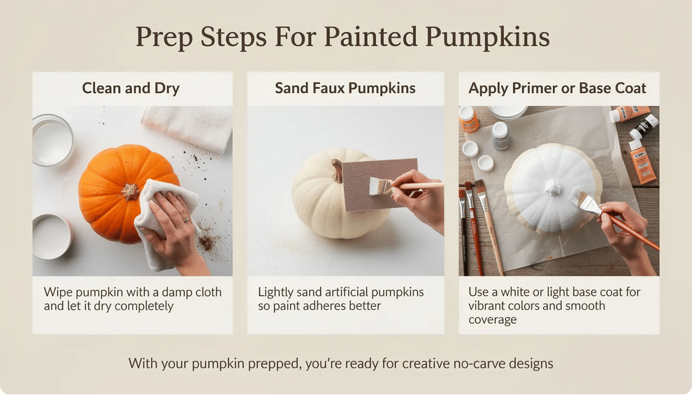 The image depicts a step-by-step guide for prepping painted pumpkins, showcasing a clean, white pumpkin being wiped down with a damp cloth, alongside tools like a paint brush and primer. This preparation ensures a smooth surface for vibrant pumpkin painting ideas, perfect for Halloween crafts with kids.