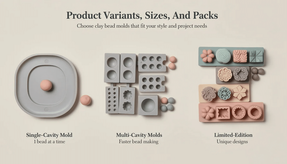 Product Variants The image showcases a variety of clay bead molds, including single-cavity and multi-cavity options, designed for artists to create beads in different shapes efficiently. Limited-edition molds and bundle packs are also featured, appealing to collectors who appreciate unique designs and want to maximize their creative projects.