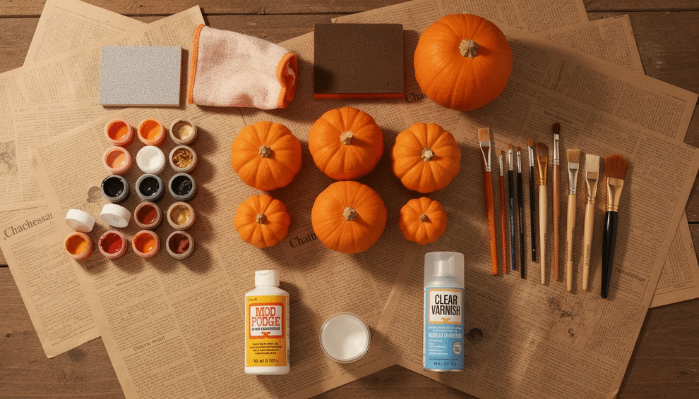 The image showcases a variety of pumpkin painting supplies, including acrylic paints in vibrant colors, different sizes of paint brushes for detailed work, and surface prep tools like sandpaper and cloths. This setup is perfect for creating artistic and fun painted pumpkins, ideal for Halloween decorations or family craft projects.