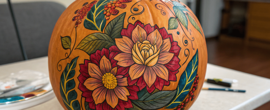 A pumpkin painted in flower design.