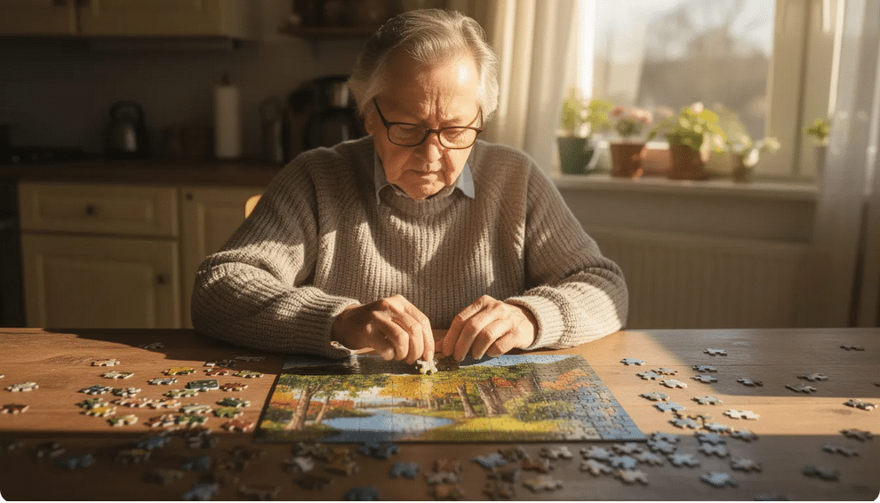 Puzzle An older adult is focused on completing a jigsaw puzzle at a sunlit kitchen table, engaging their fine motor skills and visual perception as they carefully fit together small pieces. This activity not only promotes hand-eye coordination but also serves as a fun way to enhance problem-solving skills and enjoy a leisurely afternoon.