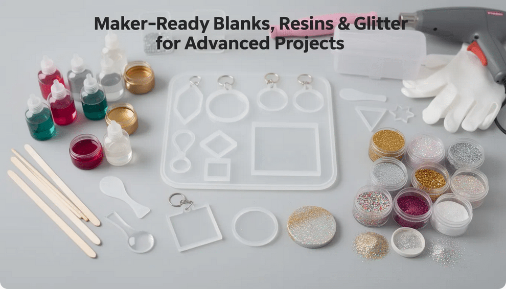 Resin The image showcases a vibrant collection of maker-ready blanks, resins, and glitter, ideal for advanced crafting projects. Various tools and materials are arranged to highlight their potential for creating amazing art, appealing to makers eager to discover the power of their Cricut Maker and other crafting devices.