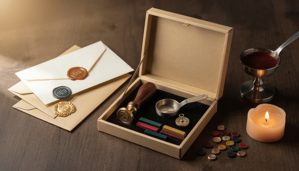 The image showcases a variety of wax seal kits, featuring colorful wax beads and metal seal stamps, perfect for DIY projects and adding a personal touch to letters or invitations. These kits are ideal for craft enthusiasts looking to enhance their business or personal correspondence with unique, handmade seals.