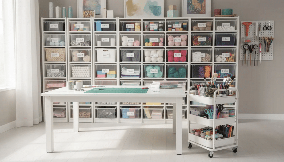 Shelving Unit A well-organized craft room features white shelving units filled with labeled clear bins and a rolling cart stocked with various tools and supplies, perfect for makers to discover their creativity. The space is designed to maximize efficiency and power, making it an amazing environment for art projects and crafting with a Cricut Maker.