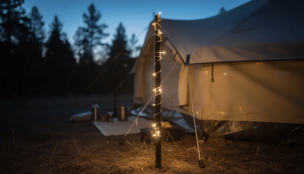 The image shows a camping tent with poles wrapped in string lights, casting a warm glow as dusk settles in. This cozy setup creates a welcoming atmosphere, perfect for outdoor DIY projects or gatherings.