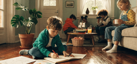 Things to Do with Preschoolers at Home Five children enjoy things to do with preschoolers at home: one draws on the floor with crayons, three play at a coffee table with a toy ship and binoculars, while another sits on a couch with a cup. The room feels cozy with plants and framed art.