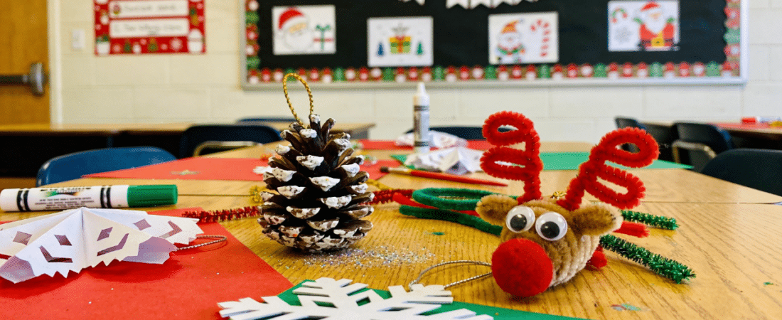 Upper Elementary Christmas Crafts on a table.