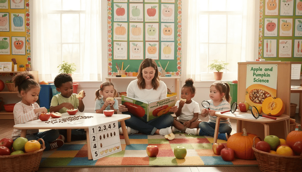 A vibrant kindergarten classroom is filled with young learners engaging in themed activities centered around apples and pumpkins. Students draw pictures, count seeds, and explore picture books, creating memorable connections between literacy, math, and science while having fun.