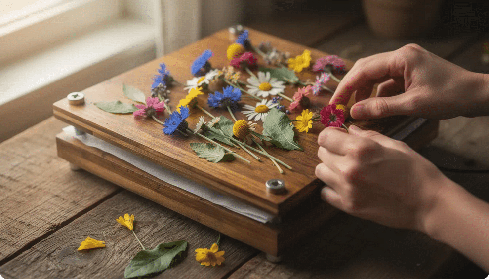 The image shows hands carefully placing vibrant, colorful flowers between layers of a wooden press, a common technique used in DIY projects for preserving botanicals. This artistic process highlights the beauty of nature and can inspire creative ideas for crafting supplies and materials.