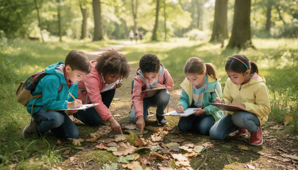 A group of young learners on a nature walk are examining leaves on the ground while carrying clipboards, encouraging them to draw pictures and write about their observations. This outdoor activity promotes kindergarten literacy and engages students in learning fun through exploration of the changing seasons.