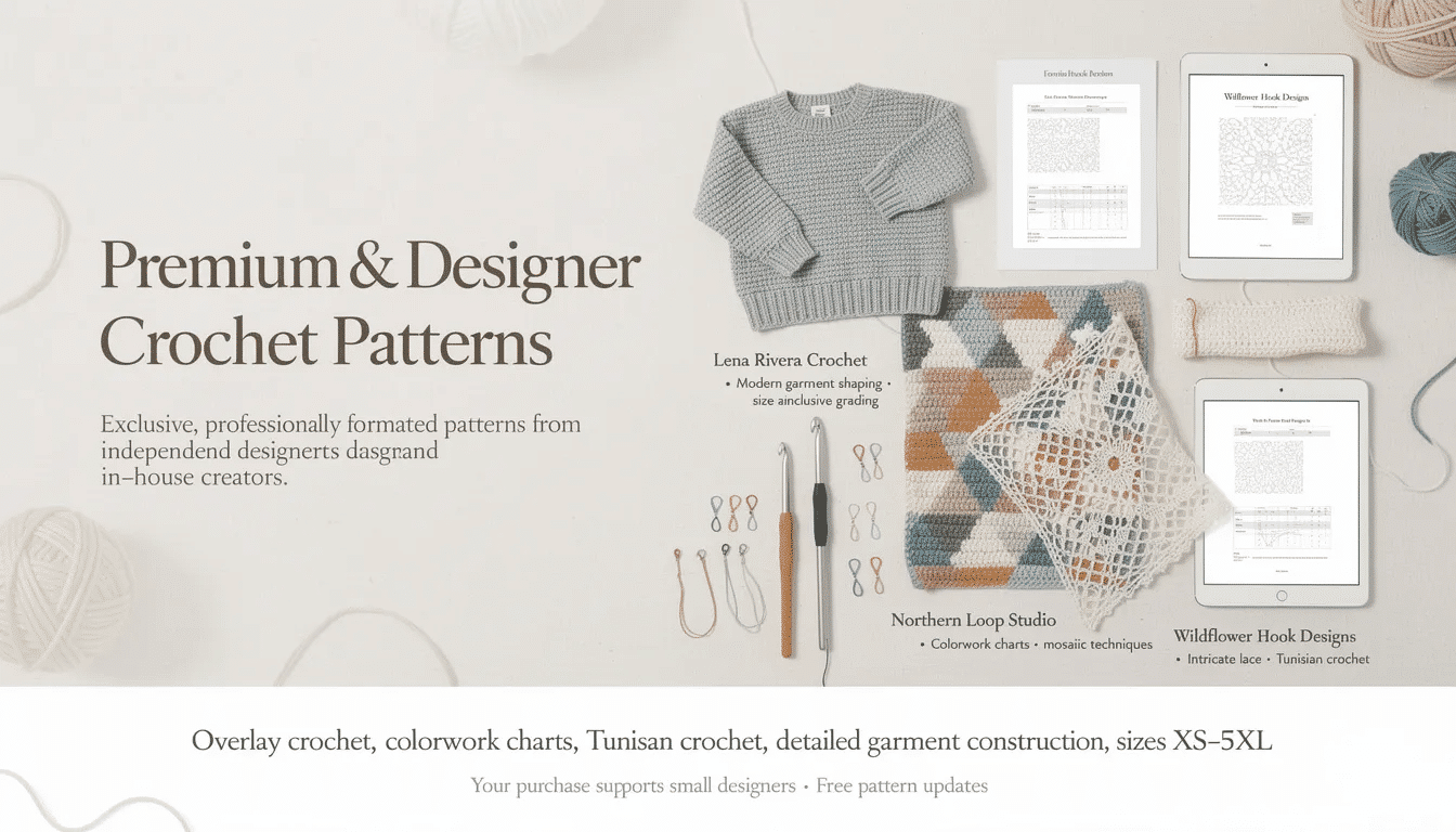 a05e8e3a-c249-4e22-8126-a838be62c105 This image showcases a collection of premium and designer crochet patterns from various independent creators, highlighting intricate designs and advanced techniques such as overlay crochet and Tunisian crochet. The featured designers include Lena Rivera Crochet, Northern Loop Studio, and Wildflower Hook Designs, emphasizing quality and size inclusivity for all customers.
