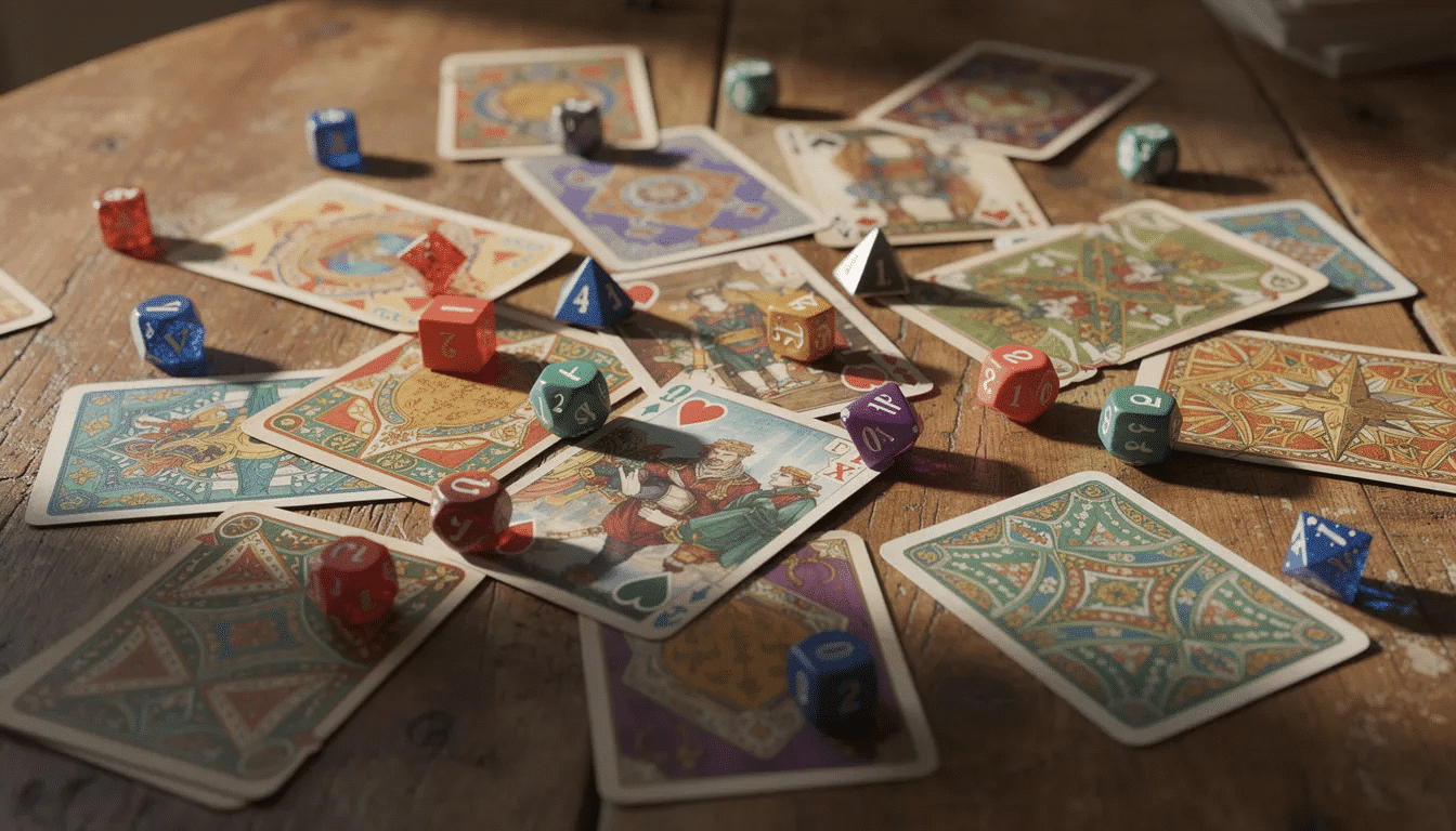 A vibrant assortment of game cards and colorful dice are scattered across a wooden table, creating an inviting scene for interactive learning games that engage students and promote memory retention. This playful setup encourages fun and skills development, making it an ideal resource for teachers and families alike.