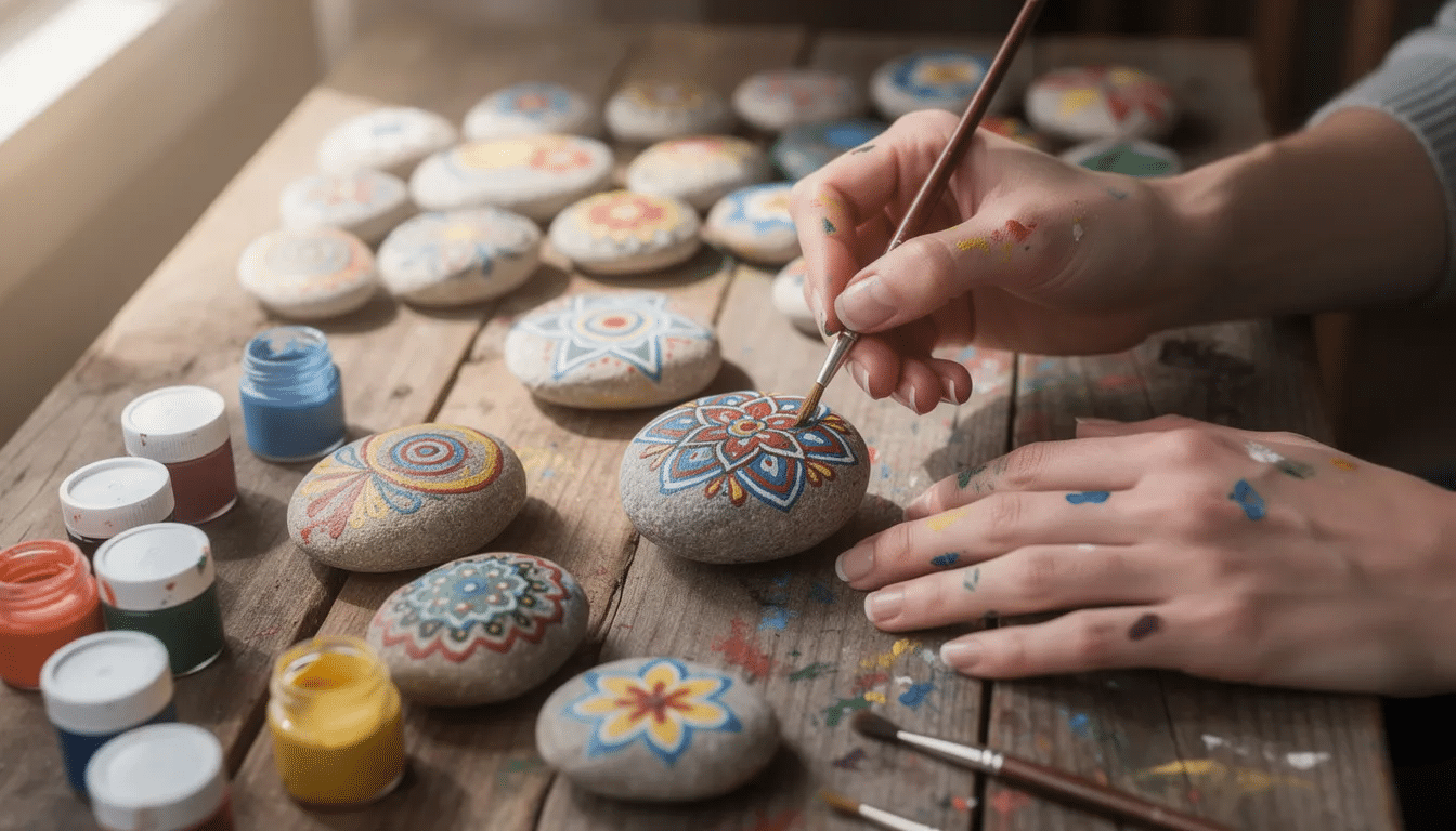 a231afc4-63b7-4504-b302-4ff2775b426c The image shows hands carefully painting vibrant and colorful designs on smooth river rocks, showcasing a fun DIY craft project that can inspire creativity at home. This activity is a great gift idea for friends and family, perfect for those looking to create handmade gifts or unique decor.