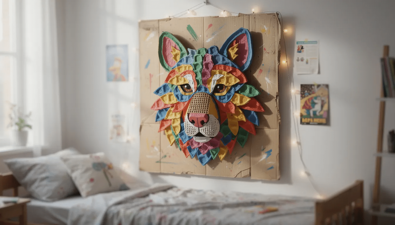 The image features a vibrant 3D animal portrait crafted from cardboard and egg cartons, showcasing an adorable fox with colorful acrylic paint and googly eyes. This creative project is displayed on a bedroom wall, highlighting the fun of recycling materials to create unique art.