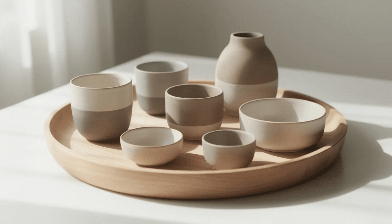 A wooden tray holds an assortment of various ceramic pieces, all painted in matching neutral tones, showcasing a charming and cohesive look perfect for upcycled home decor. These thrift store finds bring new life to the space, highlighting the endless possibilities of creative projects.