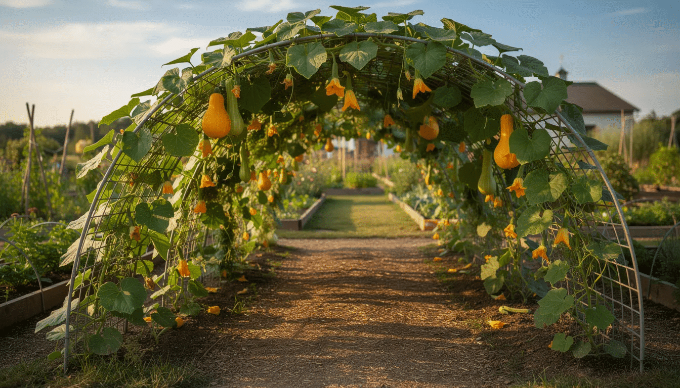 a67b1064-d49b-4d29-bd71-0e33ddfbb420 The image features a metal cattle panel fashioned into an arch tunnel, beautifully adorned with lush climbing squash vines, showcasing a creative DIY garden project. This unique structure adds charm to the outdoor space, making it a perfect inspiration for gardeners looking to enhance their backyard landscaping.