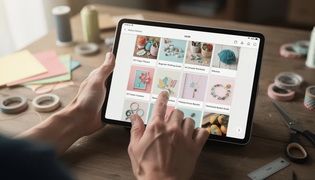 A person's hands are seen scrolling through various craft tutorials on a tablet device, showcasing a range of creative ideas and resources that inspire crafting with high-quality materials and fun shapes. The screen displays colorful images of craft supplies, inviting users to explore and engage in creative projects.
