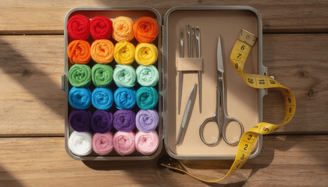 An open yarn sewing kit is displayed on a wooden surface, showcasing colorful mini-skeins of yarn, needles, small scissors, and a measuring tape, all neatly arranged for easy access. This handy sewing kit is perfect for crafters and beginners looking to create or repair items with various sewing supplies.