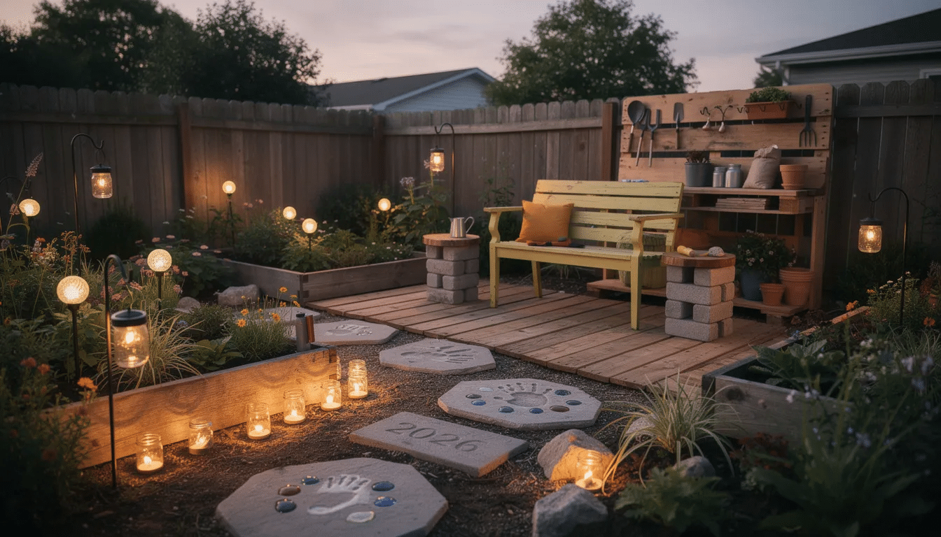 a9e00a5c-2f15-41ae-aefe-b5776c8e004a The image features a beautifully lit garden path adorned with solar mason jar lights, creating a magical ambiance for evening enjoyment. There are also weathered pallet walkways and decorated embossed stepping stones, showcasing various DIY garden projects that enhance the outdoor space.