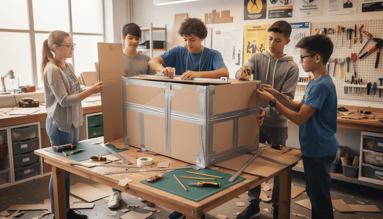 aaf94048-ed52-47e7-ac79-c188143713e4 A group of teenagers collaborates in a craft workshop, using cardboard boxes and tape to build a creative structure. This fun activity encourages teamwork and develops their critical thinking skills while exploring new ideas and materials.