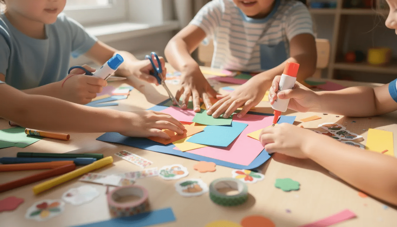 A group of children's hands is busily engaged in a colorful paper craft project at a table, surrounded by an assortment of craft supplies like construction paper and fun shapes, showcasing their creativity and imagination. The scene captures the joy of crafting in a classroom setting, inspiring young artists to explore their ideas.