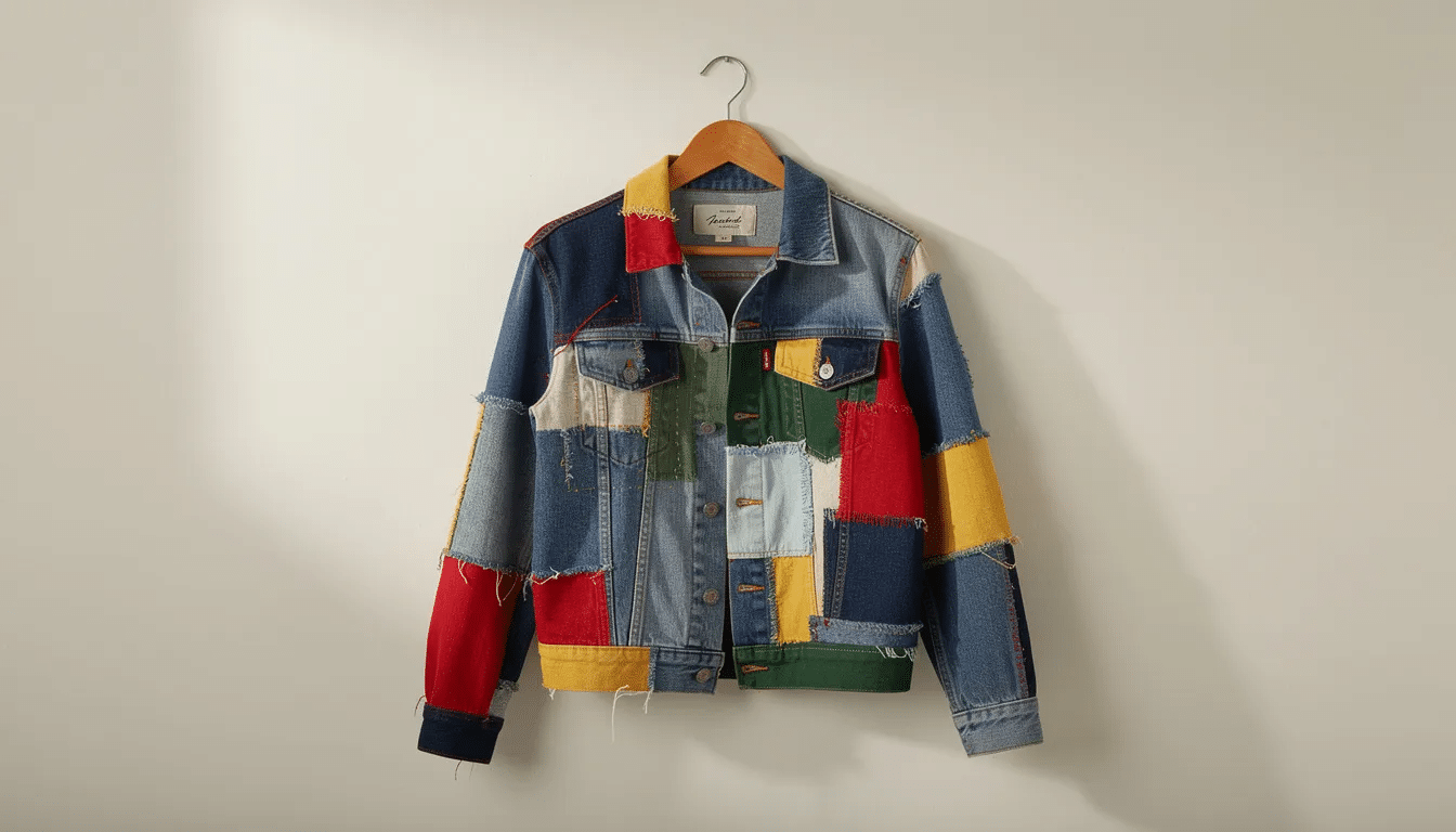 ad3f9daa-e533-47bb-abf8-216a24b436a4 A colorful patchwork denim jacket is displayed on a wooden hanger against a plain wall, showcasing a creative blend of various fabric pieces, perfect for those interested in upcycled clothing and sustainable fashion. This unique design adds a stylish touch to any wardrobe, making it a great addition for fashion enthusiasts.