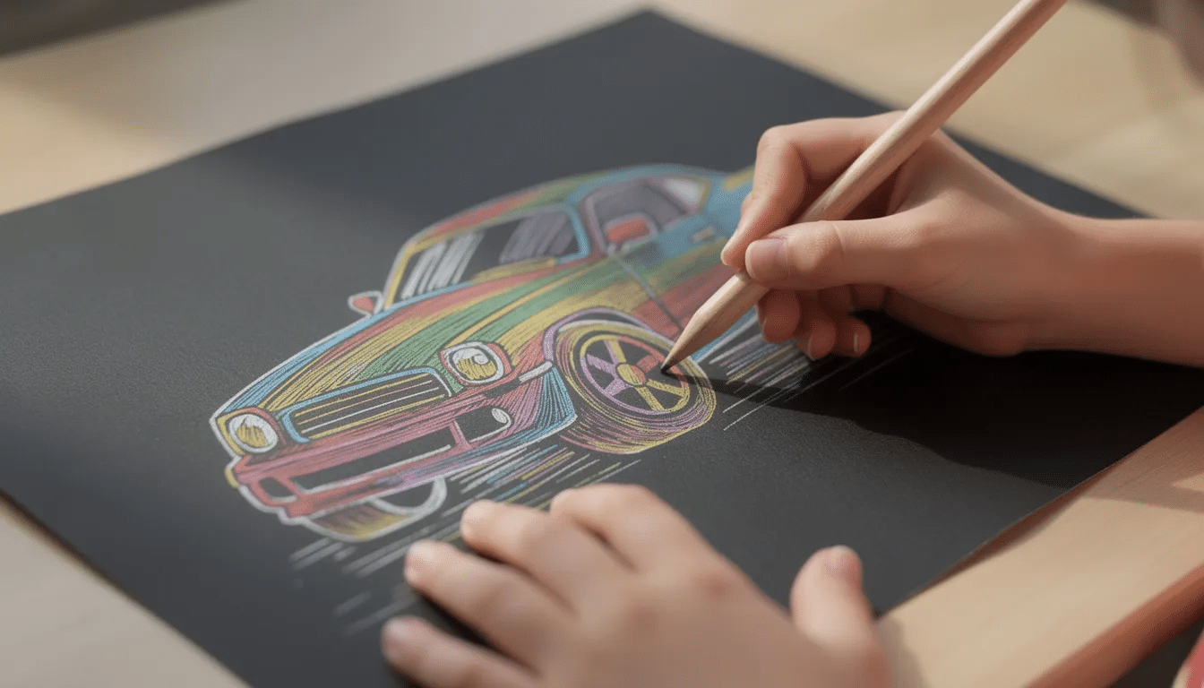 A child's hands are actively using an included wooden stylus to scratch away the black surface of scratch art paper, revealing a colorful car design underneath. This engaging activity helps develop fine motor skills and hand-eye coordination while encouraging creativity in kids.