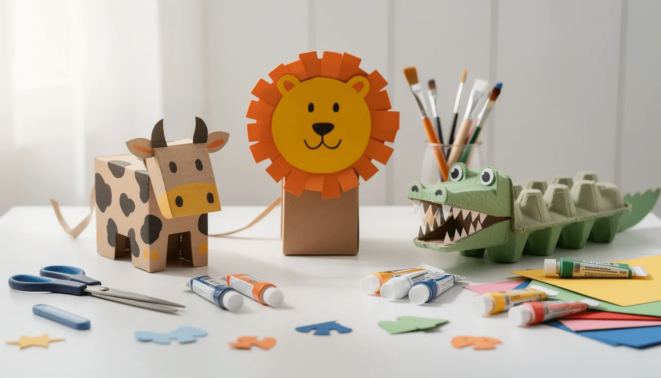 The image showcases a colorful craft project featuring adorable egg carton animals, including a cute fox with googly eyes and crafted ears, surrounded by various art supplies like acrylic paint, markers, and scissors. This fun and creative activity encourages kids and parents to recycle egg cartons and use their imagination to create unique animal figures.