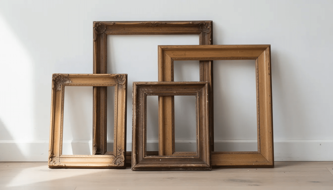 A collection of vintage wooden picture frames, featuring various sizes and styles, is stacked against a white wall, showcasing a charming home decor project for creating a gallery wall or upcycling old picture frames. The frames' textures and tones add a nostalgic touch, perfect for displaying cherished photos or art.