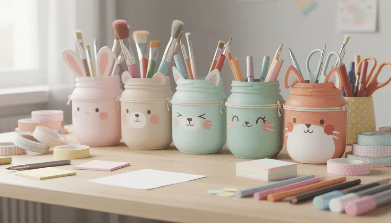 The image features pastel-painted mason jars designed as cute animals, sitting on a desk filled with various craft supplies. This colorful display showcases creative craft ideas, perfect for keeping kids busy with fun, beginner-friendly projects.