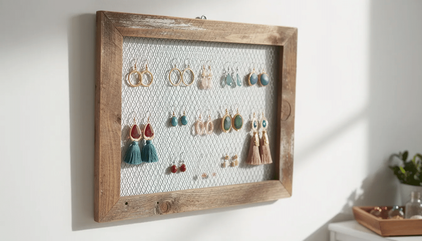 A rustic wooden picture frame has been creatively upcycled into a jewelry organizer, featuring a wire mesh backing that holds an assortment of hanging earrings. This DIY project showcases a unique home decor idea, perfect for adding a touch of style to any wall.