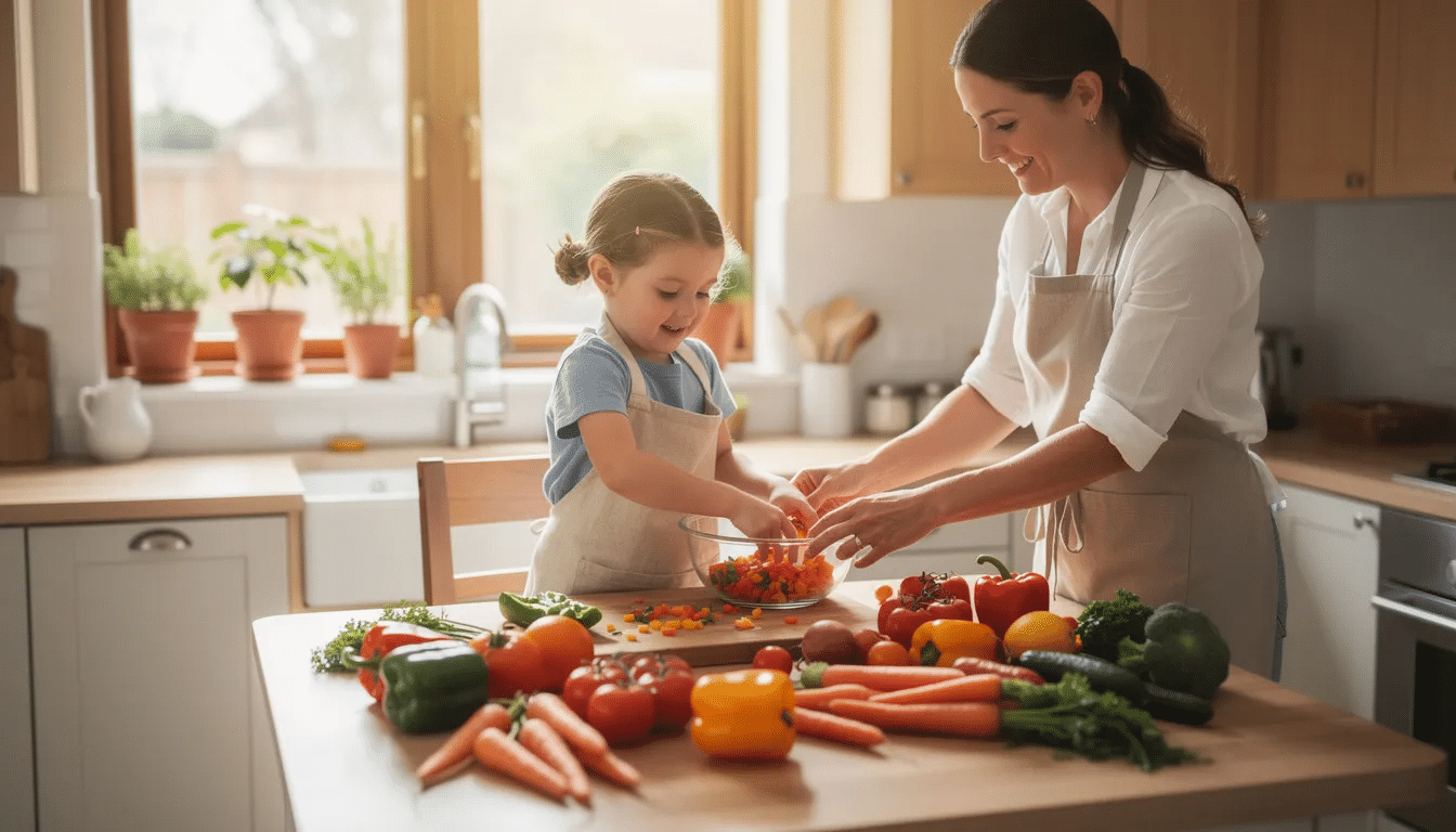 b2e4a9d1-fca3-42fb-b173-35c0cff4f4e1 A parent and their young child are cooking together at a kitchen counter, surrounded by colorful vegetables, engaging in a hands-on activity that promotes preschool learning and fine motor skills. This fun, screen-free activity encourages exploration and creativity while building confidence in the little one.