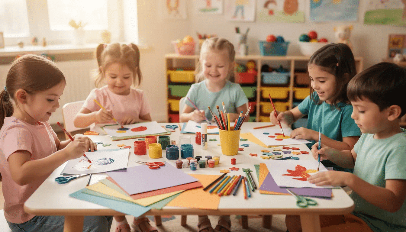 A group of children joyfully sits at a small craft table, surrounded by colorful supplies such as paint, scissors, and paper, engaging in DIY crafts and creating abstract art. The scene captures the fun and creativity of kids spending time together, making beautiful projects with simple materials.