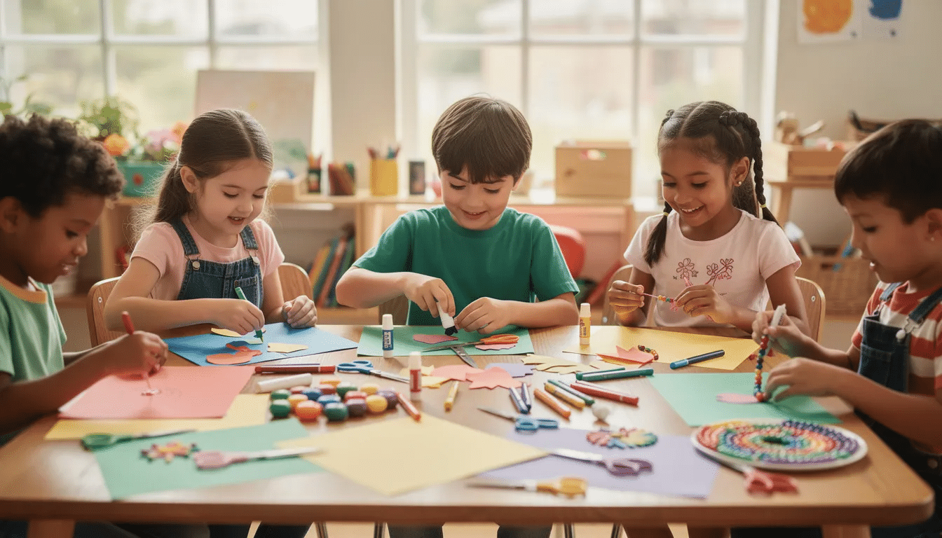 b56b28e1-b392-44f5-8da4-240c1ad2b7e7 A group of children sit around a table, enthusiastically working on colorful craft projects together, surrounded by various supplies like paint and materials. Their creativity shines as they engage in fun DIY crafts, creating handmade gifts and decorations.