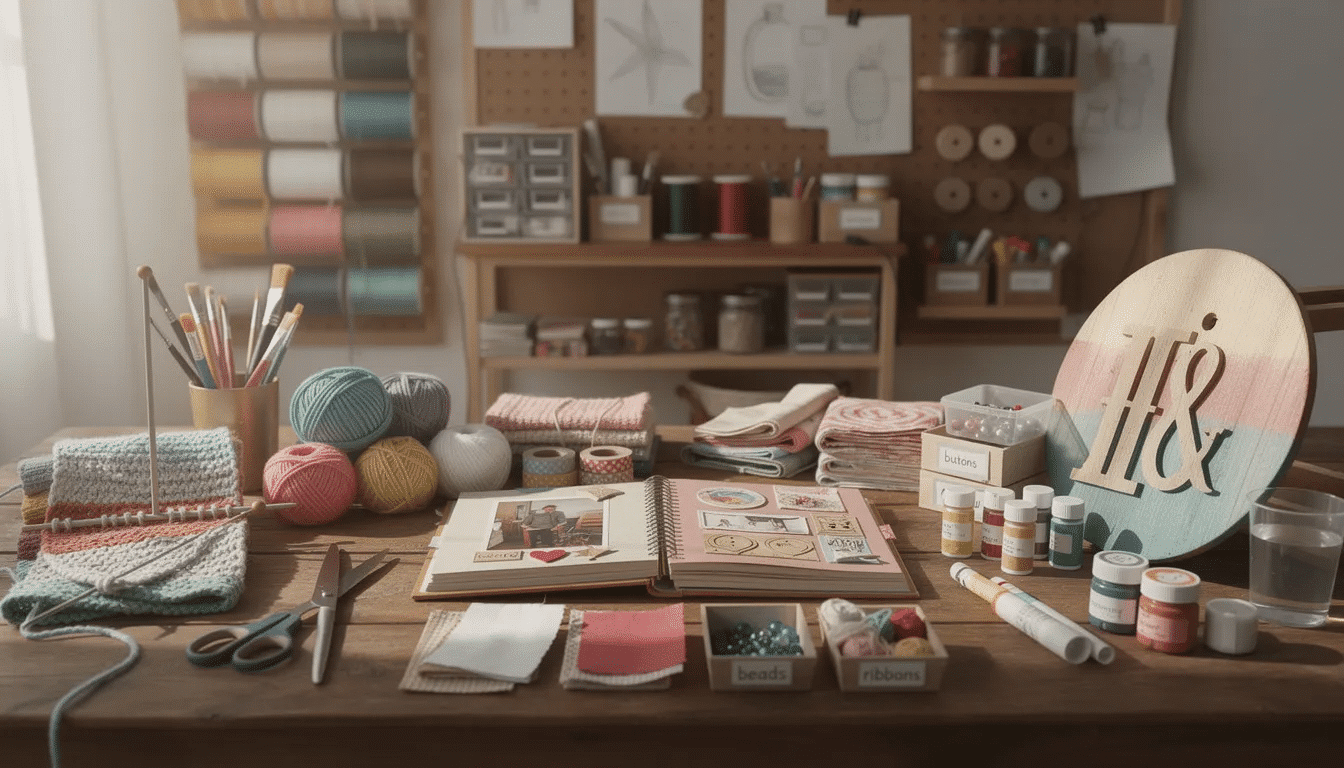 b575bea7-29fe-4e53-a1d7-69569142300b The image depicts a vibrant crafting workspace filled with various handmade projects at different stages of completion, showcasing materials like paint, wood, and wine corks. This creative environment is perfect for DIY crafts and offers inspiration for anyone looking to create beautiful things at home.