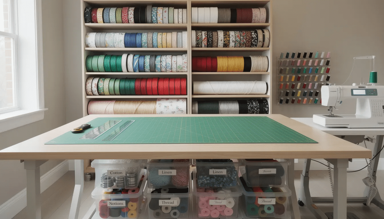 The image showcases an organized sewing room workspace featuring a cutting mat, neatly arranged fabric rolls, and various storage containers filled with sewing supplies and accessories. Essential tools like scissors, pins, and a sewing machine's instruction manual are also visible, creating an inviting environment for crafting and sewing projects.