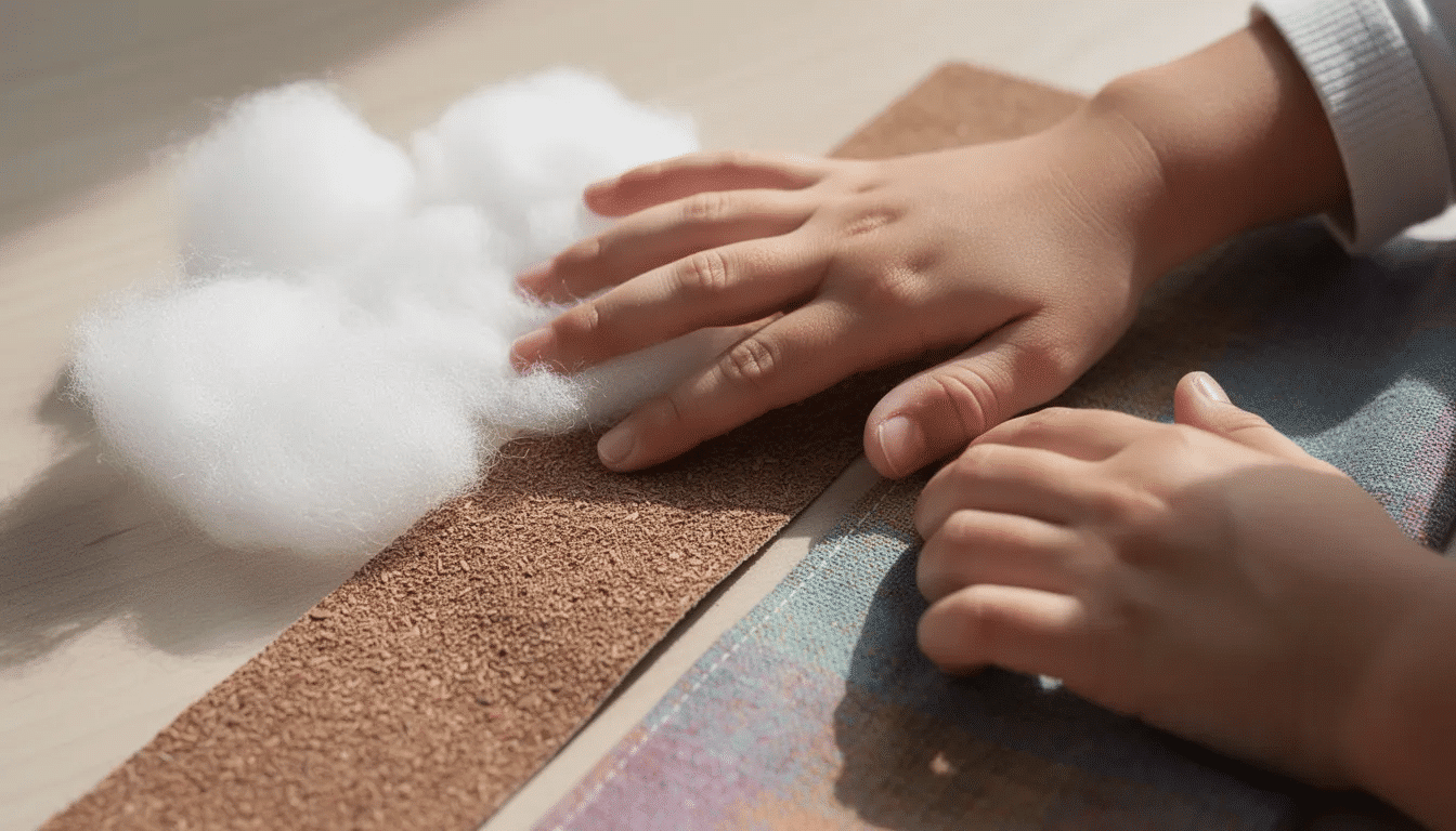 b8f22d8a-c429-4517-8ef7-e88200dc1bdb A close-up view of a child's hands exploring various textured materials, including soft fabric, rough sandpaper, and fluffy cotton, emphasizing the sense of touch in this engaging activity. This hands-on experience helps teach kids about different textures while developing their fine motor skills through senses activities.