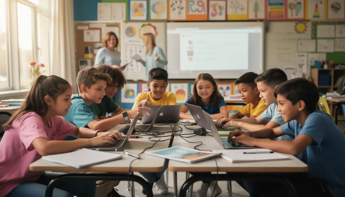 In a vibrant classroom, students are gathered around laptops, collaborating on a digital project that encourages problem solving and creativity. This engaging environment fosters teamwork and allows students to explore educational games, enhancing their learning experience through technology.