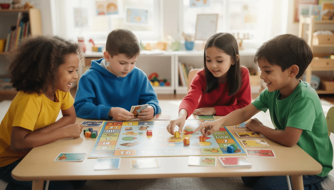 A group of children is gathered around a table, engaged in a colorful educational board game that promotes learning fun and teamwork. They are laughing and interacting, showcasing their skills in a playful environment that enhances their knowledge and memory retention.